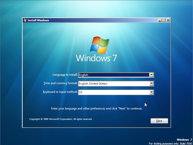 Windows 7 setup