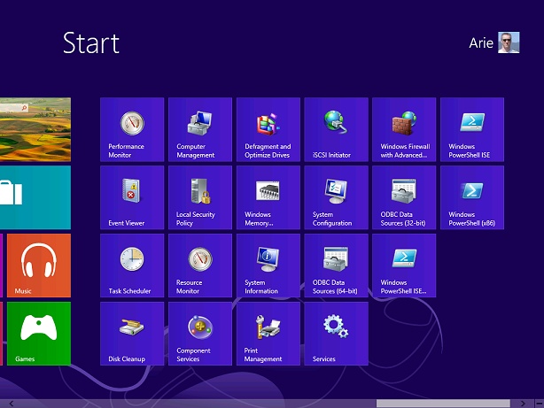 Administrative tools on Start screen