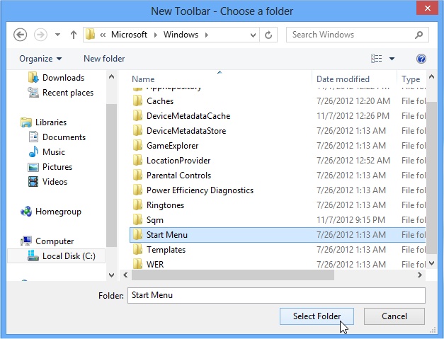 Choose folder for New Toolbar