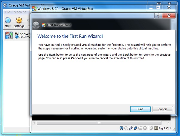 Oracle VirtualBox VM First Run Wizard