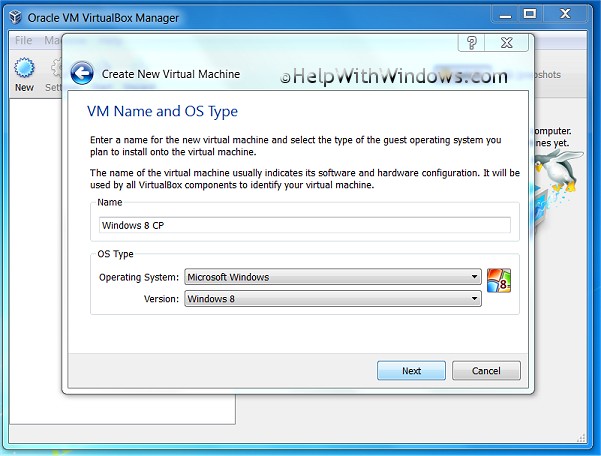 Oracle VirtualBox VM Name and OS Type