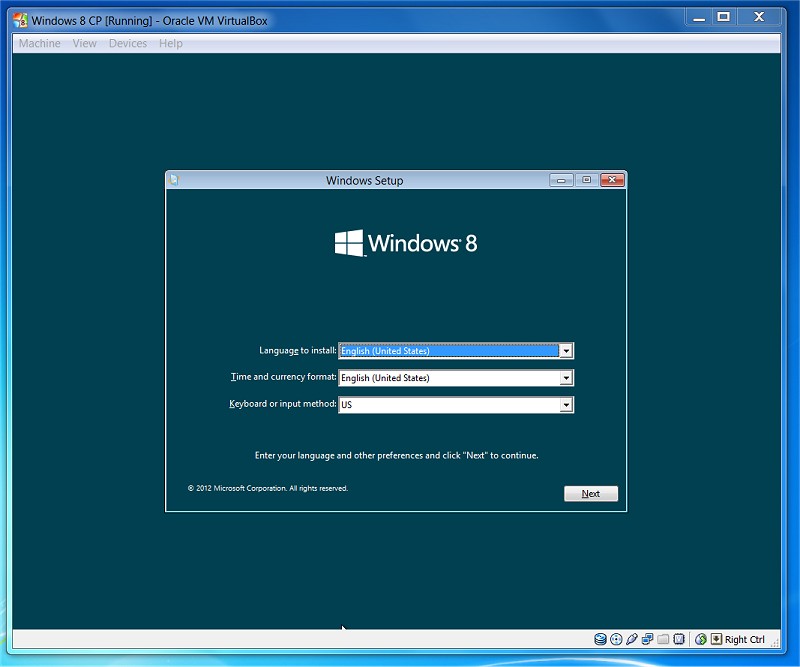 Oracle VirtualBox VM Start Windows 8 Consumer Preview installation