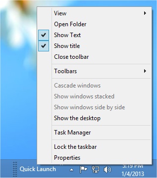 Quick Launch toolbar settings