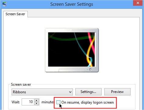 Change Screen Saver Settings: On Resume no logon