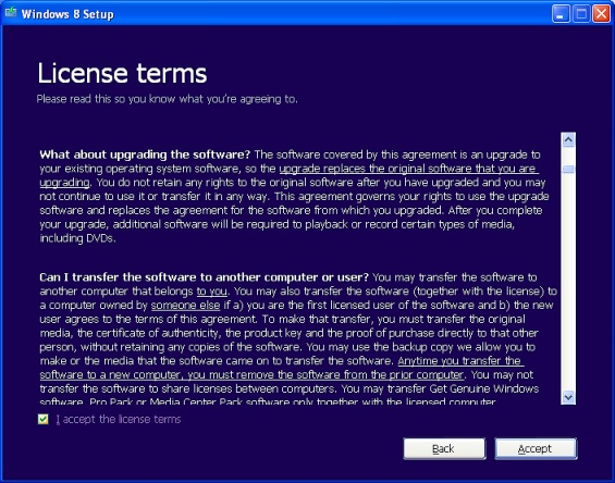 Windows 8 Setup - Agree to license