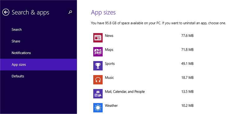 Windows 8.1 App Settings Sizes