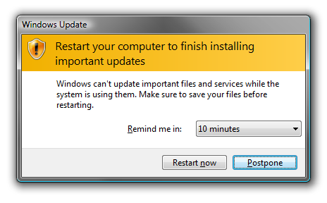 Stop Windows Vista Update Reboot Prompt