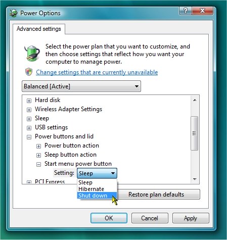 windows vista change power button start menu