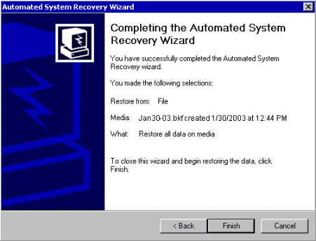 Completing Automated System Recovery Wizard