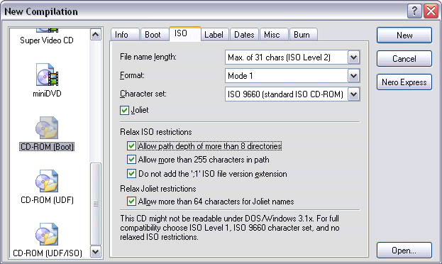 Nero ISO Settings